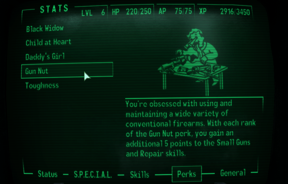 screenshot of gun nut perk from Fallout 3
